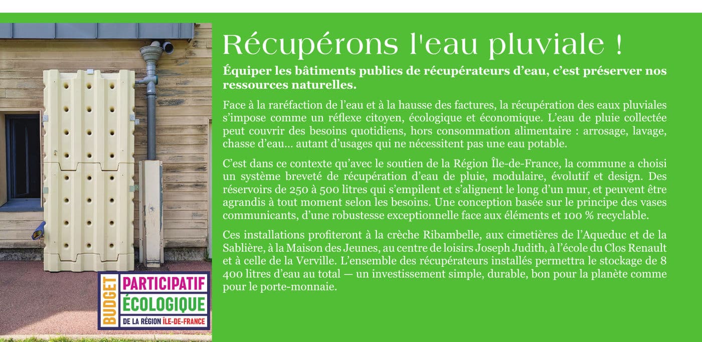 Extrait de l'article de Mennecy Actus consacré aux récupérateurs d'eau de pluie installés par la ville de Mennecy